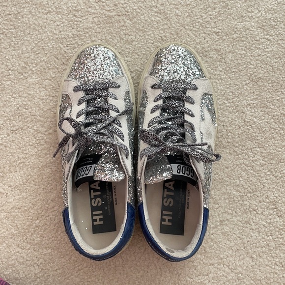 Golden Goose Silver Glitter Sneakers with Navy Heel - Picture 3 of 4